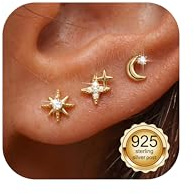Finrezio 3 Paar Medizinische Ohrstecker Silber 925 Damen Hypoallergene | Ohrringe Stecker Stern Mond Klein Mini Flatback Ohrstecker mit Flachem Verschluss Piercing Ohr Schmuck Gold/Silber/Rosegold