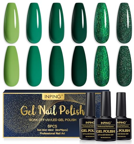 INPING Gel Nail Polish, 6 Colors Dark Green Gel Polish Set, Matcha Green Sparkly Glitter Gel Polish Soak Off UV LED Misty Forest Green Collection DIY Nail Art Varnish, 8 ML