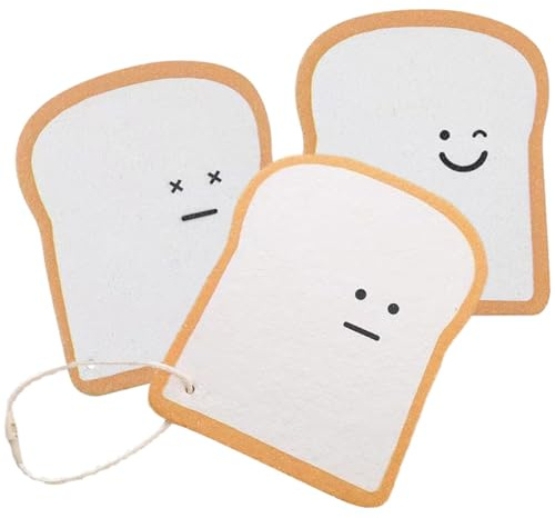 SHOWERORO 3pcs Reusable Cotton Pulp Kitchen Dish Sponges Set with Toast Print, Multi-Function Absorbent Scrub Cloths for Washing Dishes and Cleaning, Compact Size with Happy Face