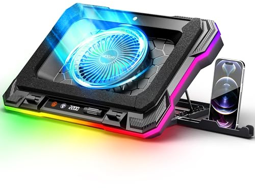 Laptop Kühlkissen Leistungsstarker Turbolüfter RGB Gaming Notebook Kühler MOOJAY Laptop Lüfter Kühlständer mit 8 Höhenverstellbar und Handyständer, für 14-19 Zoll Laptop - Eisblau LED Licht