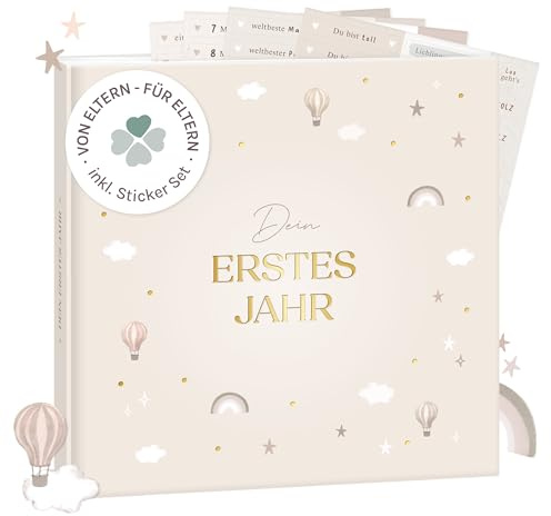 mintkind® Mein erstes Jahr Babyalbum Pattern Beige + Sticker-Set | Sanftes Babytagebuch mit 176 Seiten für wertvolle Erinnerungen im ersten Lebensjahr – liebevoll gestaltetes Hardcover