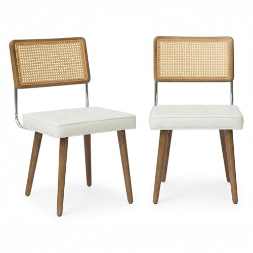 Garvee Esszimmerstühle 2er Set, Natürliche Rattan Rückenlehne Beige, Gepolstertes Leinen Sitzkissen, Stabiles Holzgestell, Moderne Mid-Century Küchenstühle Ohne Armlehnen für Esszimmer Wohnzimmer