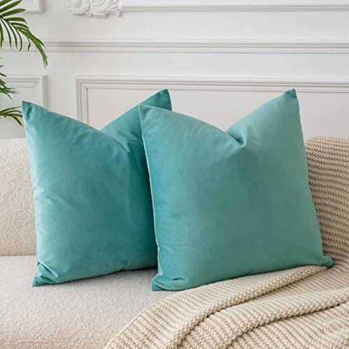 JUSPURBET Blaugrün Samt-Kissenbezüge 45cmx45cm 2er-Set für Wohnzimmer Couch Sofa Schlafzimmer Dekorative Quadratische Feste Weiche Kissenhüllen mit unsichtbarem Reißverschluss