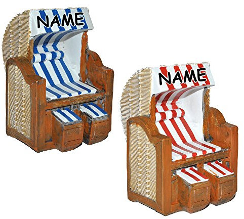 alles-meine.de GmbH 1 Stück 3D Figur - Strandkorb blau/rot weiß - incl. Name - z.B. als Tischdeko - Mini Deko/Nordsee Strandkörbe Urlaub Meer/Dekofigur Ostsee Meer Nordse..