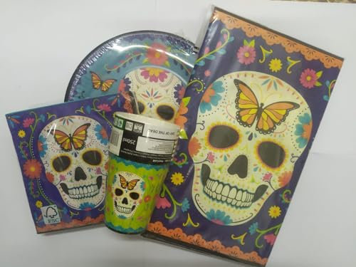Lote de Vajilla Decorativa Calaveras Multicolores (8 Vasos, 8 Platos, 16 Servilletas y 1 Mantel) .Regalos y Complementos para Fiestas de Halloween, Cumpleaños, Bodas, Bautizos y Comuniones. AB