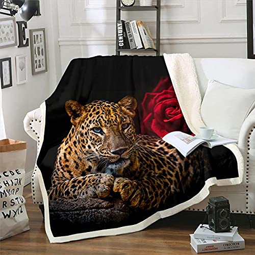 Rose Gepard Decke 220x240cm Leopard Drucken Wohndecke für Kinder Jungen Mädchen Romantische Rote Rose Blumen Kuscheldecke Weiches Dekor 3D Tiermotiv Flanell Fleecedecke für Schlafsofa Couch