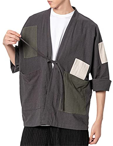 Chinesischer Stil Leinen Patchwork Kimono Cardigan Yukata mit Tasche Herren Japan Harajuku Streetwear, Graue Strickjacke, X-Large