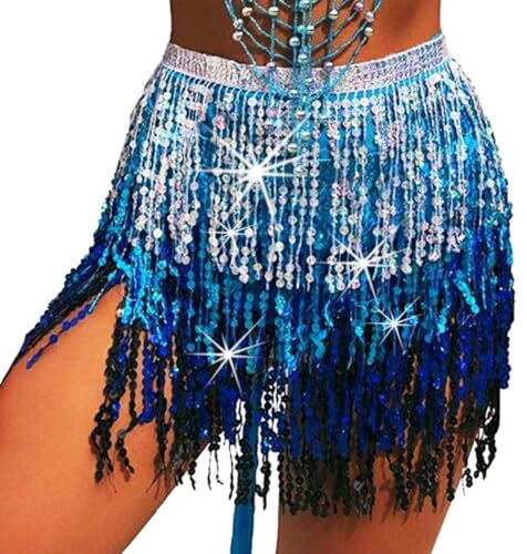 Flovel Glitzernder Paillettenrock Fransen Glitzerrock Bauchtanzkostüm Rave Rock für Damen Dunkelblau