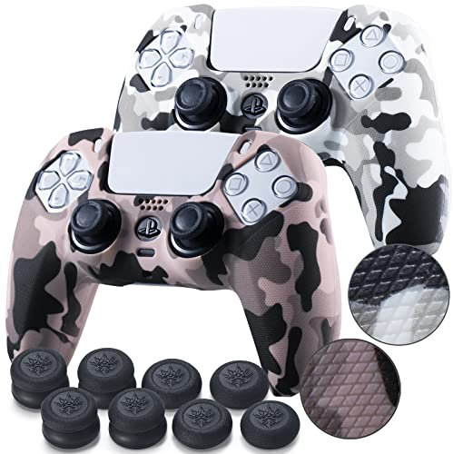 YoRHa Lot de 2 coques en silicone pour manette PS5 Dualsense (imprimé blanc + champagne doré avec 8 poignées de pouce professionnelles)
