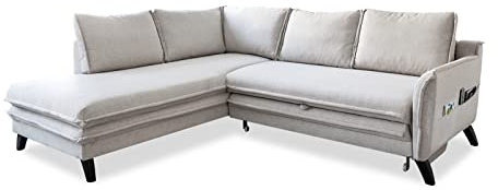 MIUFORM Ecksofa mit Schlaffunktion | Charming Charlie L-Form | Wohnladschaft Couch Schlafcouch Wohnzimmer Gästezimmer | Holzfüße (Beige, Links ausgerichtet)