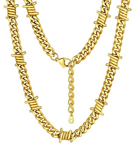 Bestyle Gold Cuban Link Chain Mens Women 9mm 16 inch Thorns Barbed Wire Necklace Cool Men Boy Punk Short Choker Layering Necklace,