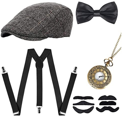NITAIUN 20er Jahre Herren Accessoires Set, 1920er Kostüm Zubehör, Gatsby Gangster Mafia Peaky Blinders Kostüm, Karneval Cosplay Retro Stil (Style E)