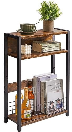 IBUYKE Kleiner Beistelltisch mit Zeitschriftenhalter,3 Etagen,Schmaler Beistelltisch mit Lagerregal,moderner Sofatisch für schmale Räume,Nachttisch für Wohnzimmer Schlafzimmer,Braun TMZ001H