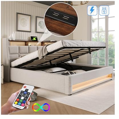 Bett 140x200 mit LED und USB, Polsterbett 140x200cm, Doppelbett mit Stauraum und Lattenrost, LED Kopfteil mit USB Ladefunktion, Stauraumbett Funktionsbetten Rückenlehne Bettgestell, Leinen -Beige