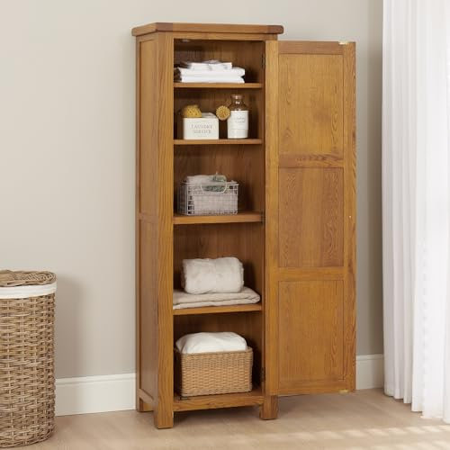 The Furniture Market Rustic Oak Single Door Shaker Cupboard – Tall Wooden Storage Unit with Adjustable Shelves – Solid Oak Frame with Traditional Country Styling - H 1800 x W 610 x D 410mm