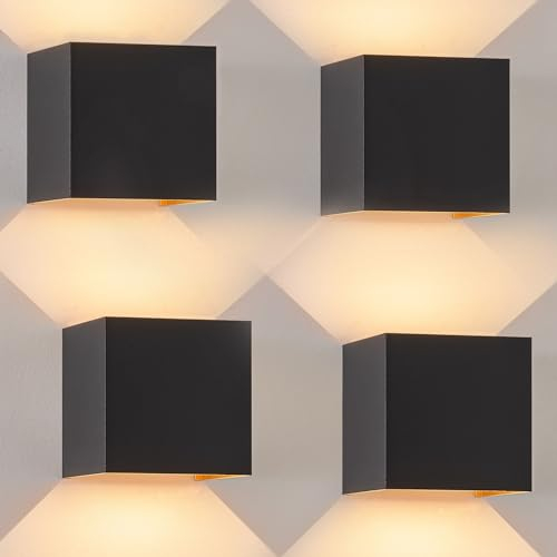 Kowanie Wandleuchte Aussen LED Wandlampe innen: 4er Set Außenwandleuchten Schwarz Gold Up Down Außenlampe Wand 5W IP65 Wasserdicht Wandbeleuchtung einstellbar 3000K Außenleuchte für Huaswand Garten