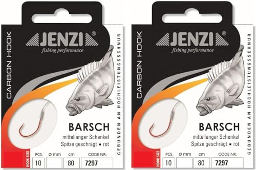 Set: 2 Packungen gebundene Barsch-Haken von Jenzi, (20 Stück) an Mono Schnur 80cm Hakengröße 4, 6, 8 & 10 Vorfach fertig + gratis Petri Heil! Aufkleber (Hakengröße 4)