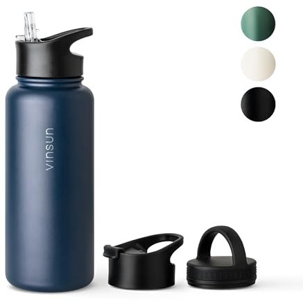 VINSUN Botella Agua Acero Inoxidable 1L - Botella Termica con Pajita (3 Tapas) - sin BPA, Doble Pared, Prueba de Fugas - Cantimplora Termica para Deporte, Oficina, Viaje
