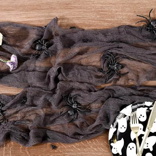 Halloween Tischläufer Käsetuch mit 12 Realistische Spinnen,400 x 60cm Cheesecloth Halloween Tischdeko Schwarze Tischdecke Tisch Dekoration für Halloween Party Tischdekoration