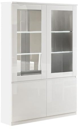 AltoBuy DEYTON - Vitrine 4 Portes Laquée Blanc Brillant avec LEDs