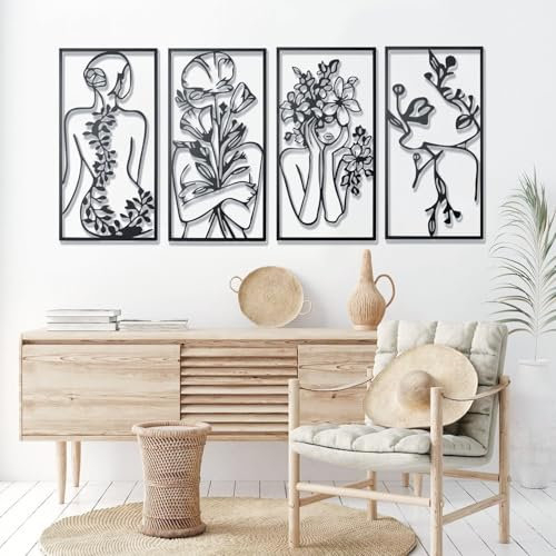 IcosaMro Schwarze Metall-Wanddekoration für Wohnzimmer, abstrakte Blumen, Frauen, Schlafzimmer, Wandkunst, moderne 3D-Wandskulpturen, abstrakt, minimalistisch, gerahmte Bilder, 4 Stück