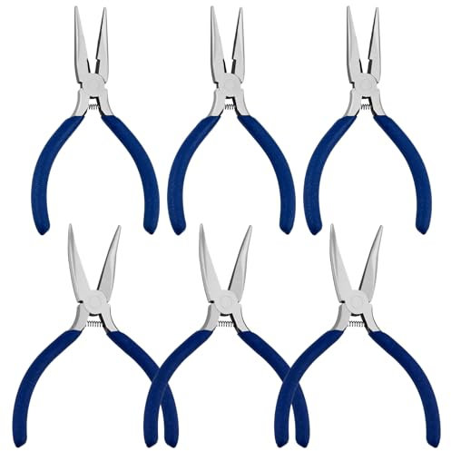 Akamino 6 Pcs Mini Needle Nose Pliers, 5 Inch 45° Angled and Straight Long Nose Pliers, Long Reach Plier with Comfort Grip Handles, 45# Carbon Steel Hand Tool for Craft Jewelry Making Bending Wire