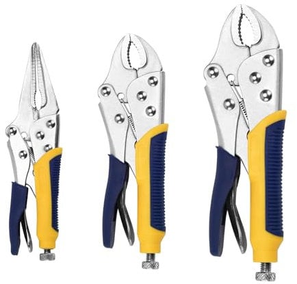 3pcs Locking Pliers Set, 22 cm and 19 cm Curved Jaw Locking Plier, 17 cm Long Nose Straight Jaw Curved Vise Grip Pliers Set (Blue Yellow)