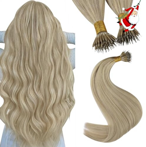 YoungSee Nano Ring Extensions Aschblond 45cm Nanoring Extensions Echthaar Aschblond Highlights Platinblond Nano Ring Haare Remy Nano Bonding Haarextensions Lang Haarverlängerung Nanoring 50g #18/613