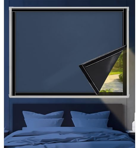 Ohne Bohren Hitzeschutzrollo 170 x 180 cm, Verdunkelung Energiesparend100% Lichtundurchlässig, Abnehmbar Rollo Fensterrollo Verdunkelnd, mit Klettband für Fenster Türen, Blau