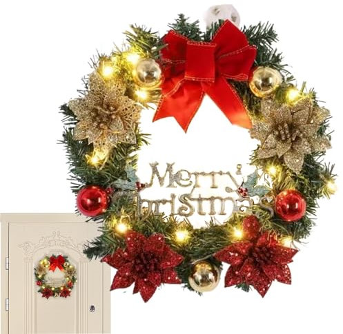 Guirlande de Noël avec lumières, Couronne de l'Avent de Noël Porte 40cm, Couronne De Noel Porte Lumineuse, Guirlande de Noël Artificielle pour Porte, fenêtre ou cheminée
