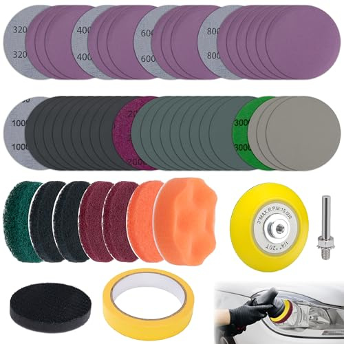 53 PCS Car Headlight Restoration Kit, 3 Inch Drill Sanding Disc with 1/4 Inch Shank Backing, Loop and Hook Sanding Paper, Scouring Pads, Polishing Sponge, Soft Interface Pad, Masking Tape