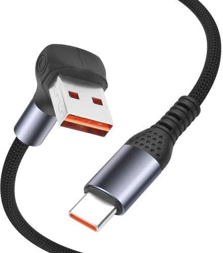 YACSEJAO Cable USB A a C en ángulo derecho 90 grados 66 W USB A a tipo C Fuente de alimentación PD Cable de nailon trenzado Carga rápida Interfaz inversa (0,6 pies/20 cm)