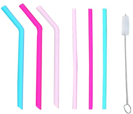 Verazquy 6Pcs Reusable Silicone Straws Bent Straight Replacement Straws Dishwasher Safe Colourful Drinking with Cleaning Brushes.
