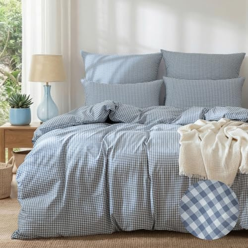 SOULFUL Bettwäsche 135x200 Baumwolle Kariert Oeko-TEX Hellblau & Weiß | 100% Gewaschene Baumwolle Bettwäsche-Sets mit Leinenartigem Griff Enthält 1 Bettbezug 135x200 und 1 Kissenbezüge 80x80