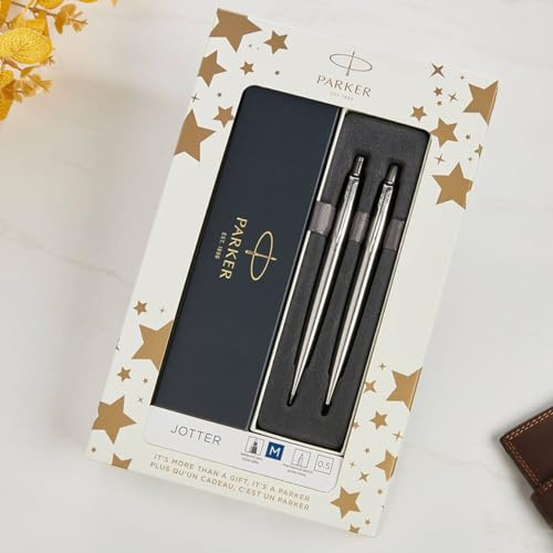 Parker Jotter Ballpoint & Fountain Pen Gift Set - Gold Trim - Personalised (Stainless Steel Ballpoint Pen & Pencil)