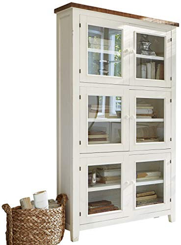 Loberon Schrank Yukon, von Hand geschreinert, handveredelt, schönes Antik-Finish, Landhaus-Stil, viel Stauraum, Aufbewahrung, Paulowniaholz, Glas, antikweiß