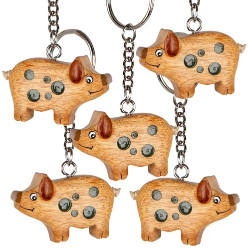 Logbuch-Verlag 5 Glücksschwein Schlüsselanhänger aus Holz 4 cm - Glücksschweinchen natur braun als Glücksbringer Talisman Give-Away Silvester Silvesterdeko