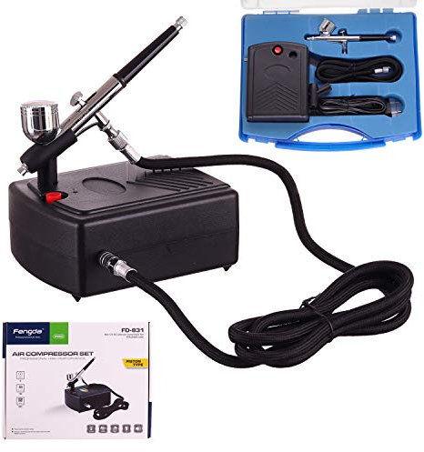 Airbrush-Kompressor mit Airbrush, Sprühdüse 0,2 mm und 2 cm3 Behälter, Schlauch 1,5 m, 230 V, im Transportkoffer aus Kunststoff