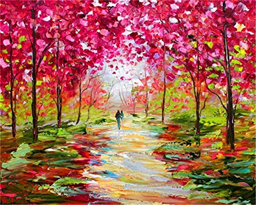 YEESAM ART DIY Ölgemälde Malen nach Zahlen Erwachsene Kinder, Rot Blätter Bäume Abstrakt Bunt Wald Zahlenmalerei ab 5 Öl Wandkunst (Rot, mit Rahmen)