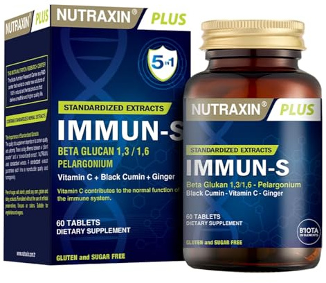 Nutraxin IMMUN-S 200mg - 60 Tablets, 1 Month Supply | IMMUN-S, 200mg Beta Glucan with Vitamin C, Black Cumin & Ginger, Immune Support