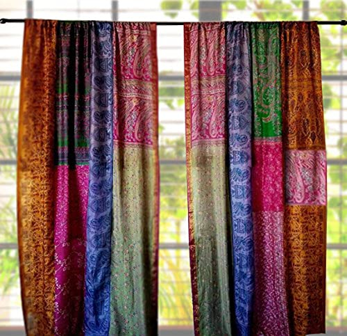 Rajbhoomi Handicrafts Home Patchwork Curtains Door Darpe Curtains Made from Vintage Silk Sari Assorted Color and Print 2 Pcs