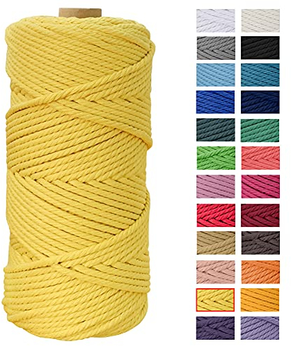 Macrame Cord 4mm x 109 Yards, JeogYong Thick Natural Cotton Cord Yarn Thread, 4-Strand Twisted Spool Twine String Cotton Rope for DIY Crafts, Wall Hangings, Plant Hangers, Home Decorations (Yellow)