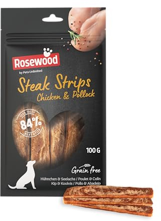 Rosewood Steak Strips Huhn & Seelachs – Weiche Leckerlis für Hunde, hoher Fleisch-/Fischanteil, fettarm, ohne Getreide, ohne künstliche Zusatzstoffe, 100 g