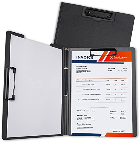 Tomorotec A4 Klemmbrett mit Deckel, Faltbare Schreibbrett mit Stifthalter, Clipboard Folder, Klemmbrettmappe mit 2 Klemmen für Büro, Schule, Krankenhaus und Baustelle (Schwarz)