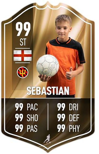 ShopQuality4U Personalise Football Cup Player Stats Card Sign - Gold Background Printed Metal Shield Sign Wall Art A4 Player Add Name (28x17cm)