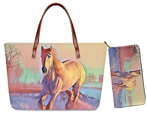 HUIACONG Sac à main avec portefeuille pour femme Sacs à bandoulière et sac à main, Cheval rose fluo, Large