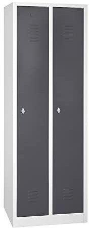 Schrank & Stuhl Spind – Metallspind mit 2 Abteilen, Schließfachschrank mit Hutboden, 30 cm Abteilbreite, Lieferung komplett montiert (Grau/Anthrazit, mit Drehriegelverschlüssen)