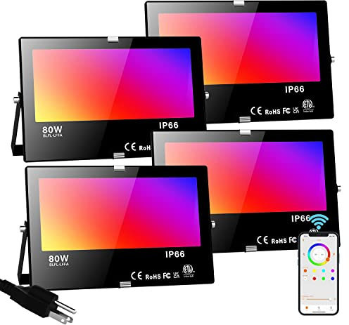 Neliwo LED Flood Light Outdoor 800W Equivalent Bluetooth Smart Color Changing RGB Spot Light 2700K Warm White APP & Group Control 4Pack