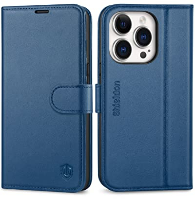 SHIELDON Case for iPhone 14 Pro 5G 6.1, Genuine Leather Wallet Folio Case with Kickstand, RFID Blocking, Card Holder, Magnetic Clasp, Shockproof Cover Compatible with iPhone 14 Pro - Royal Blue