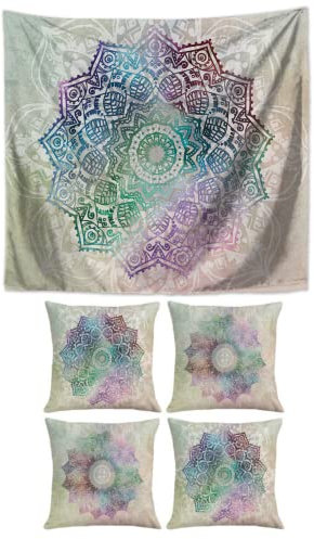 SusggO Set mit 4 Kissenbezügen 45 x 45 cm und 1 Wandteppich, 150 x 130 cm, dekorative Kissen, Wanddekoration, Bett, Sofa, Wohnkultur, Set mit 4 Kissenbezügen + 1 Wandteppich